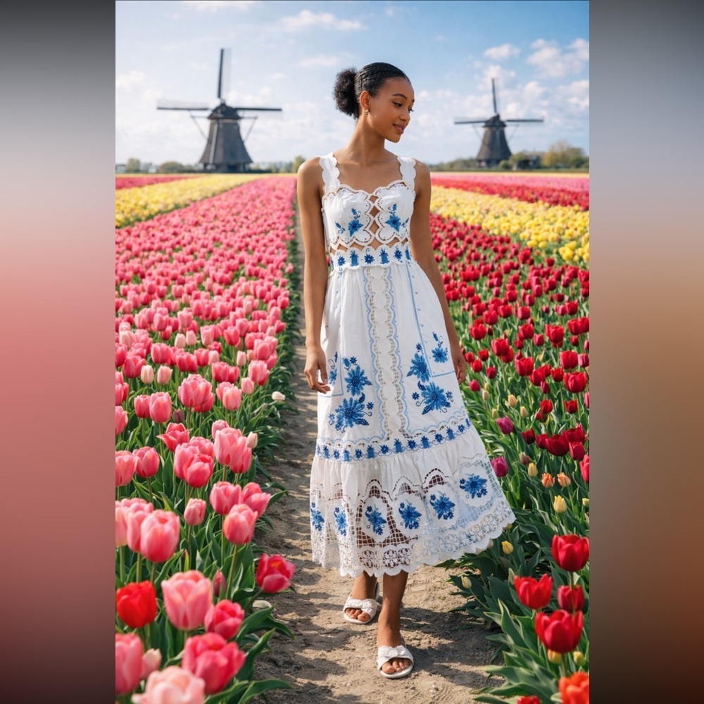 🎉SUPER RARE🎉 Anthropologie NWT Farm Rio Cross-Stitch Richelieu Linen Dress  XL.